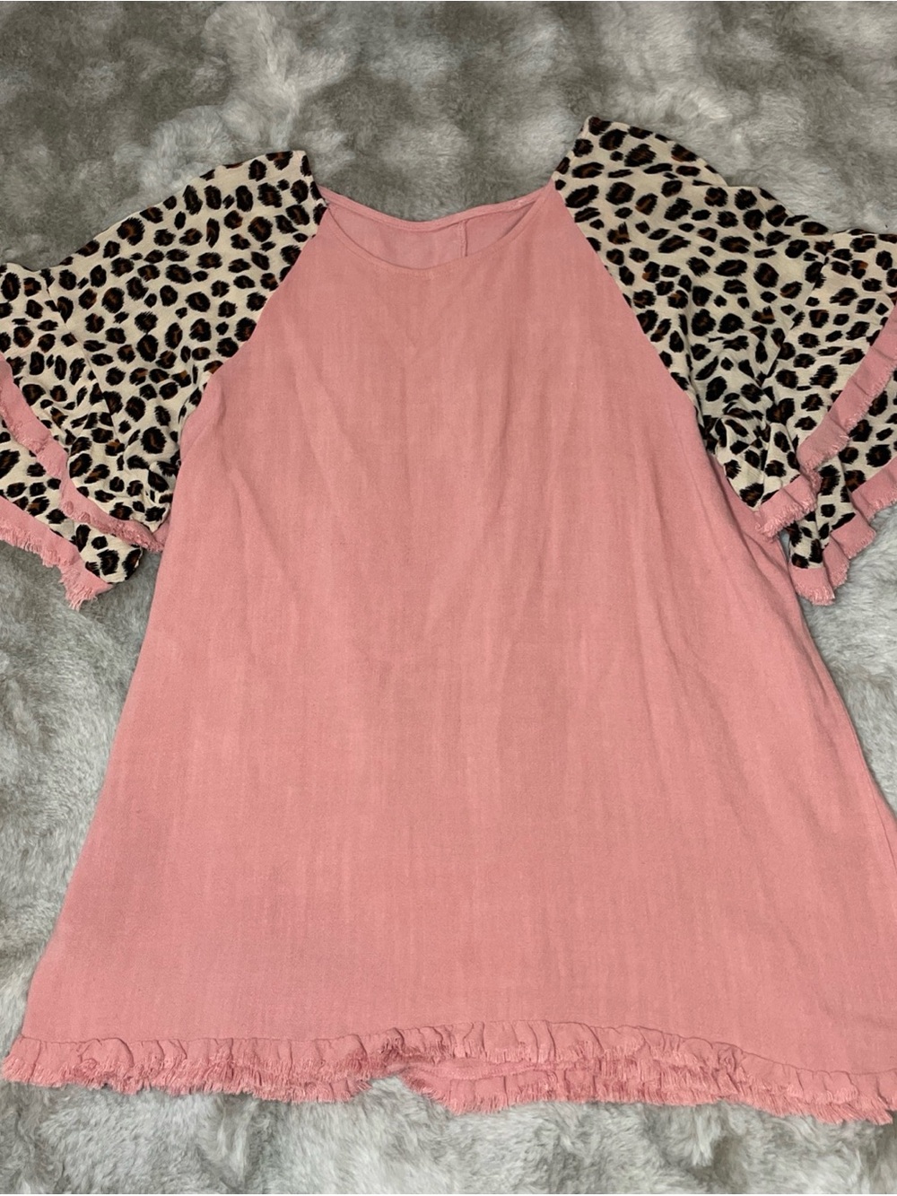 Womens Pink Leopard Sleeve Ruffle Top-0260